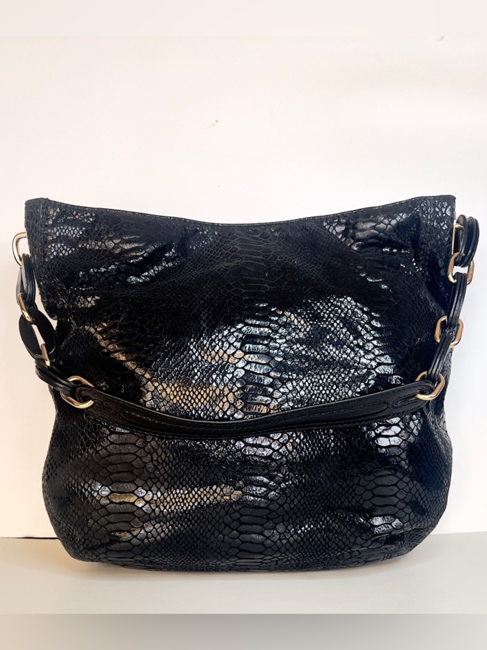 Michael Kors Black snake embossed leather Slouchy Hobo Shoulder Bag